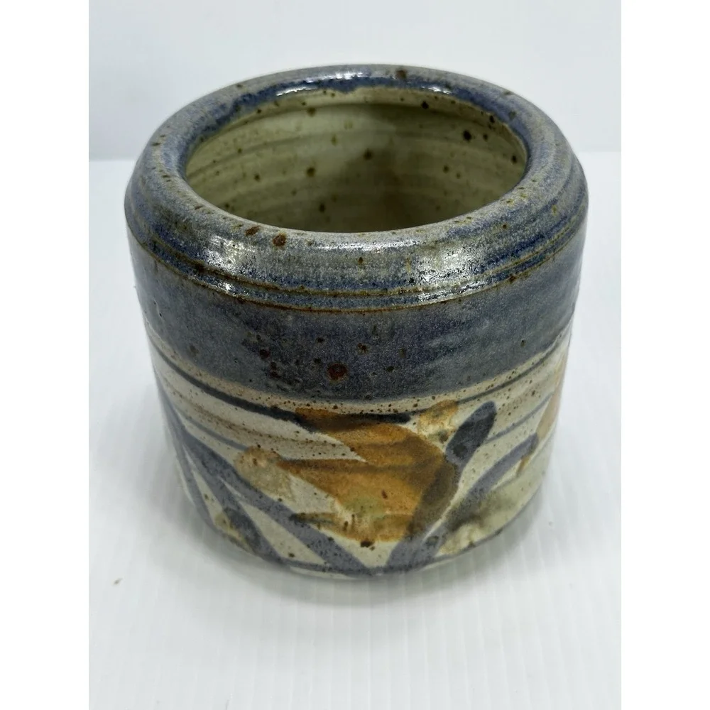 Vintage Art Studio Stoneware Pottery Vase‎ Planter Pot Blue Brown Flowers Signed